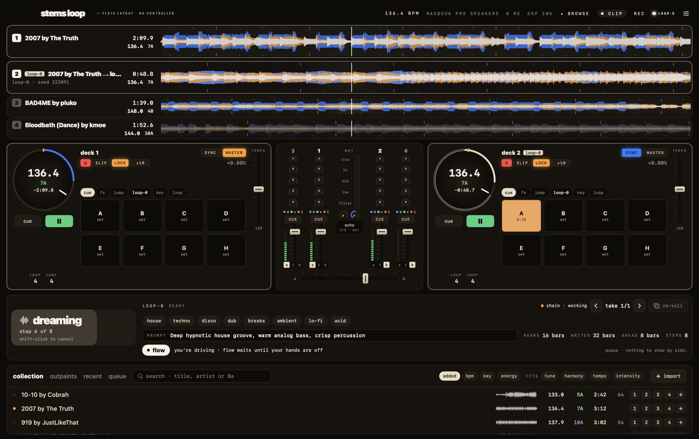 the stems loop stage: four decks of three-band waveforms, the deck panels, the live mixer, and loop-0 writing the next stretch